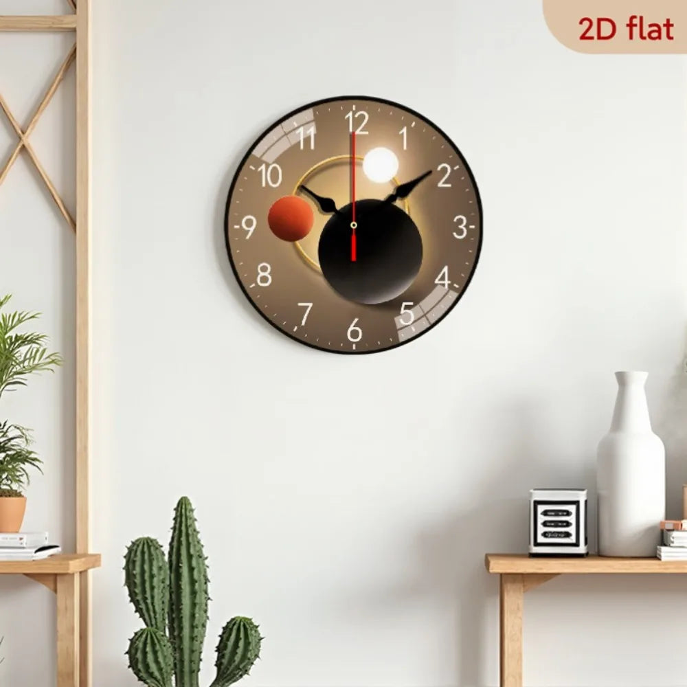 1pc 2D Planar Geometric Lamp Silent Round Wall Clock | Wooden Frame, Wall-Mounted, Wooden Quartz Design, Suitable for Indoor and