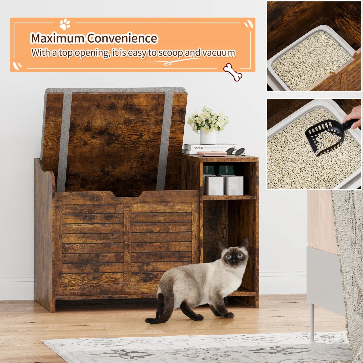 Litter Box Enclosure with Top Opening and Pad, Hidden Litter Box Furniture, Cat Litter Box Cabinet with Scratch Pad