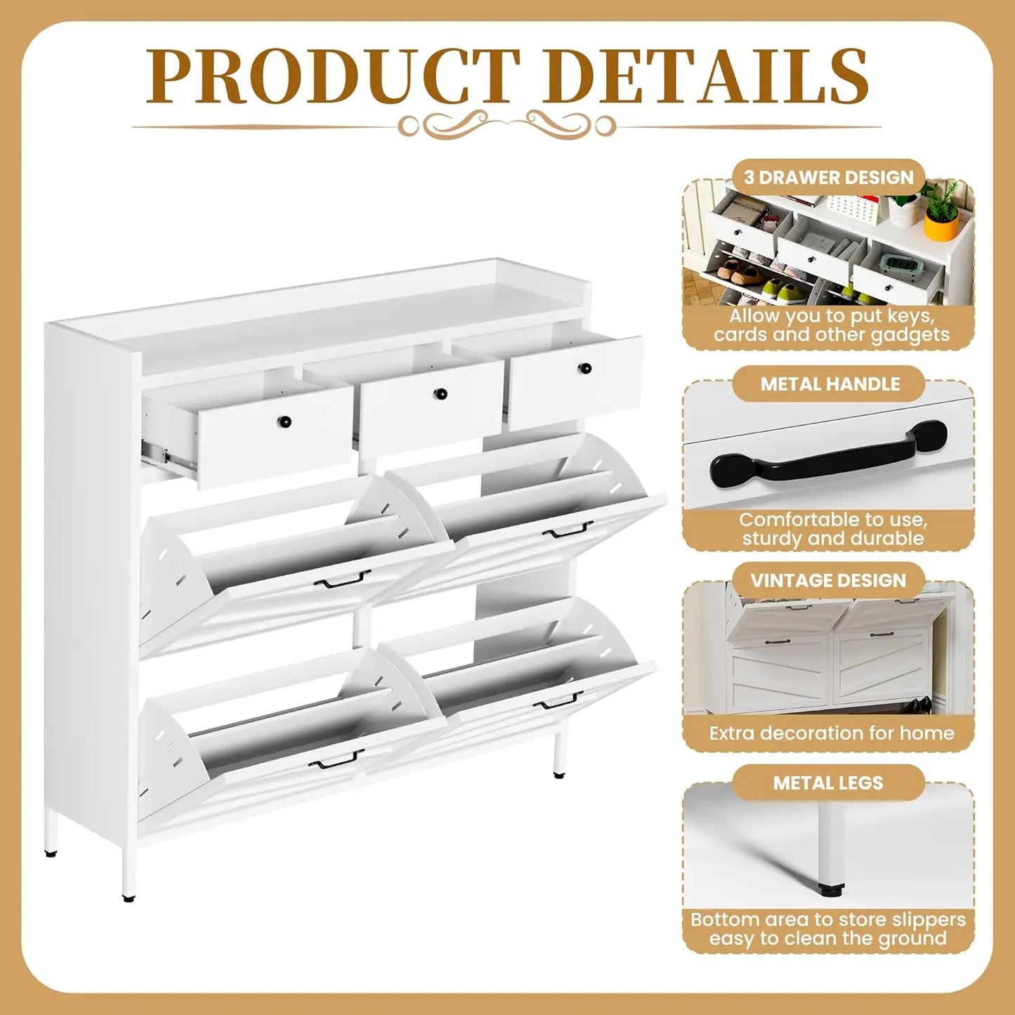 Metal Shoe Cabinet With 4 Flip Drawers And Top Drawers
