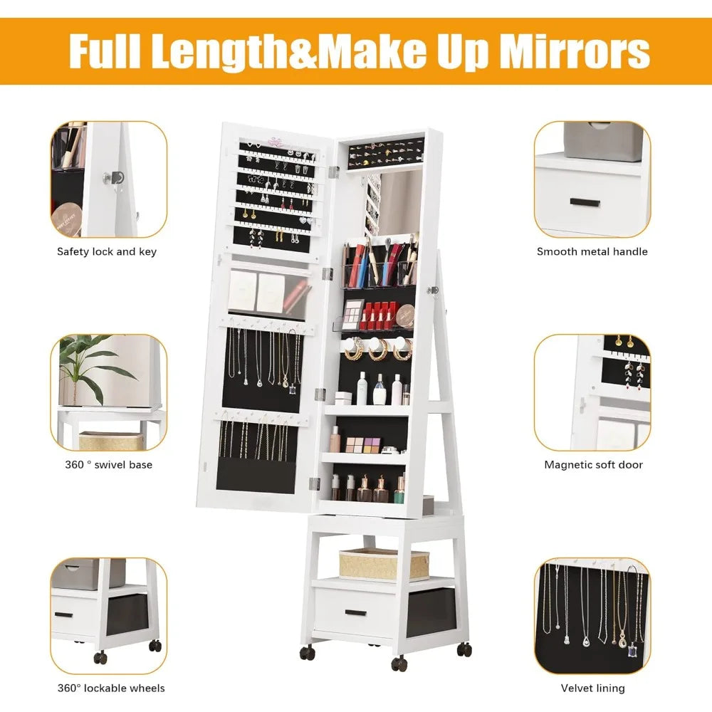 XIAOLANG 360 Degree Swivel Jewelry Armoire With Full Length Mirror
