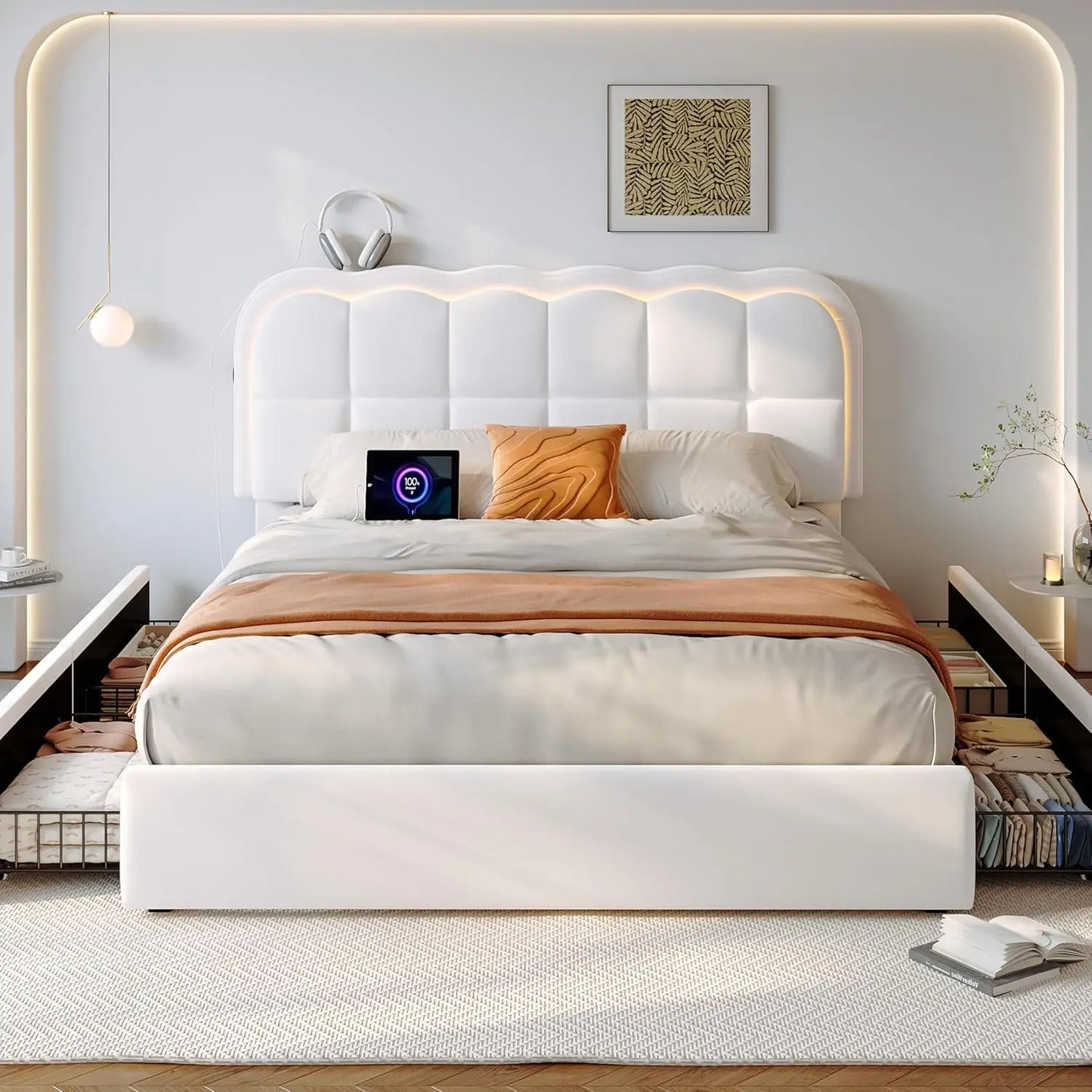 Full Upholstered Platform Bed LED Lights 4 Drawers Charging Station Adjustable Headboard Wood Slats No Box Spring , Custom