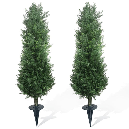 2pcs Artificial Cedar Topiary Trees with Ground Spike, Faux Cypress Plants Artificial Pine Shrubs Fake Bushes for Porch Garden