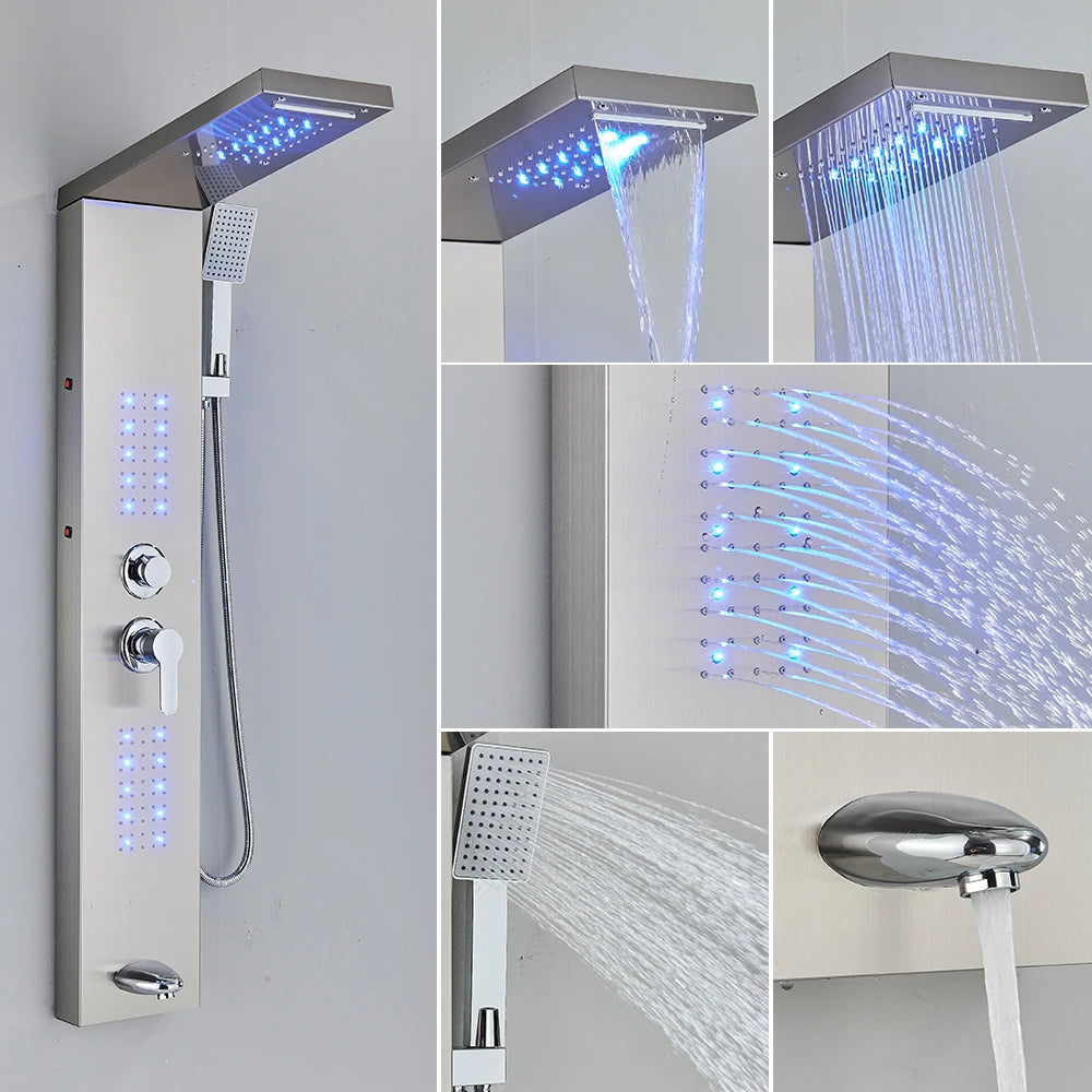 Black/Brushed Bathroom Shower Faucet LED Rainfall Head Shower Panel Set Bathtub Mixer Tap With Hand Sprayer Temperature Screen