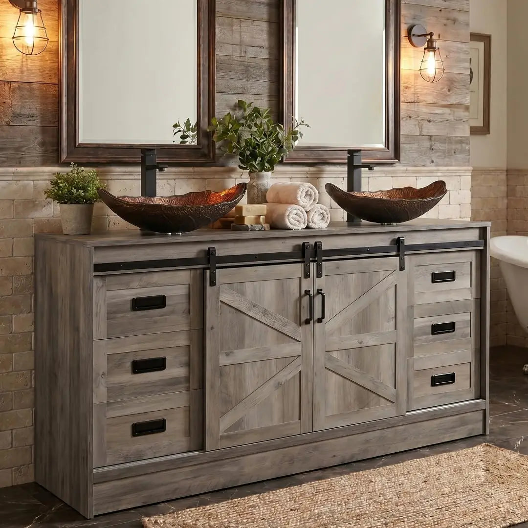 60" Barn Door Bathroom Vanity with 6 Drawers and Two Doors, Farmhouse Style Standing Pedestal Cabinet with Two Blue, Custom