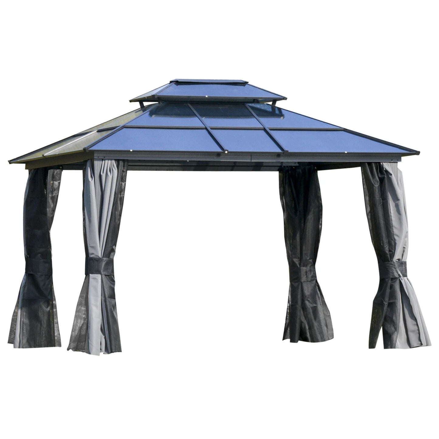 Outsunny Patio Gazebo Mesh Netting Aluminum Frame Two-Tier Polycarbonate Roof