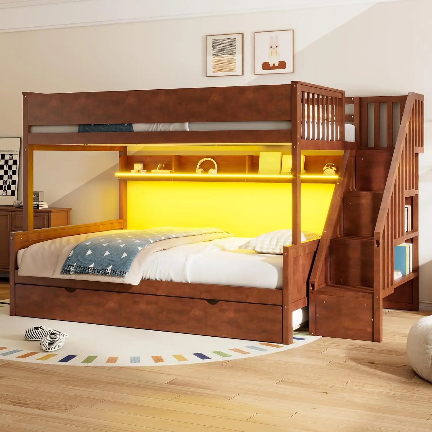 Full Over Full Multifunctional Bunk Bed with Desk and Bookshelves, Drawers, Space-Saving Wooden Bunk Bed for Kids &, Customized