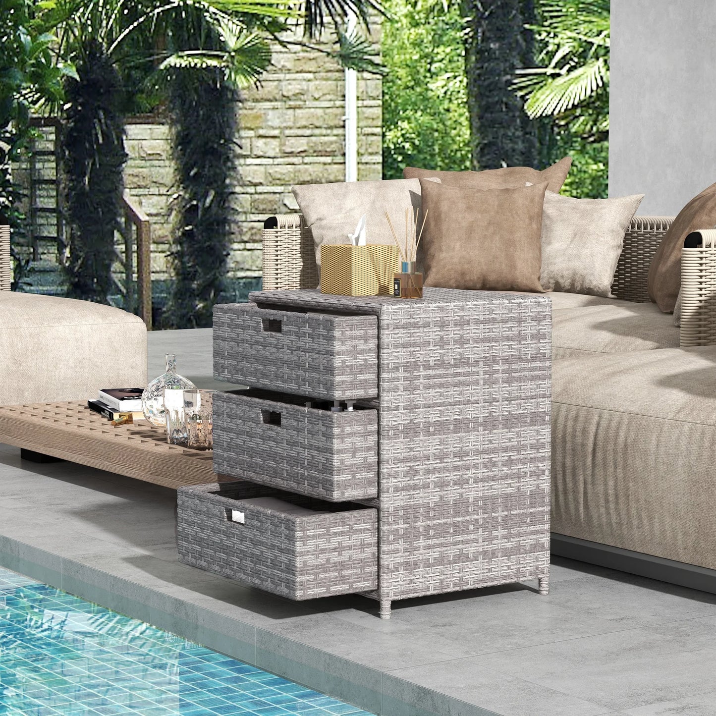 32" Poolside Garden Rattan Wicker Storage Cabinet Organizer with 3 Drawers