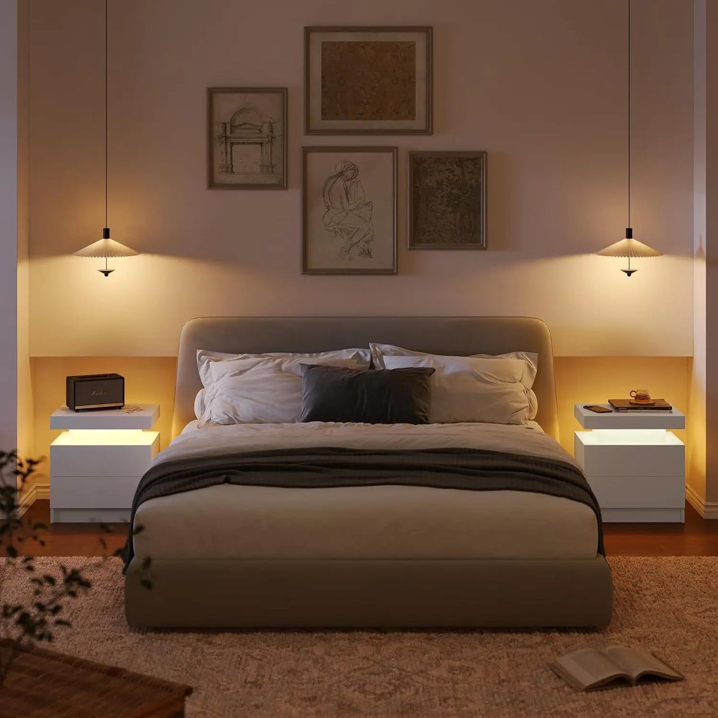 White LED Nightstand With Two Wood Drawers Bedside Table