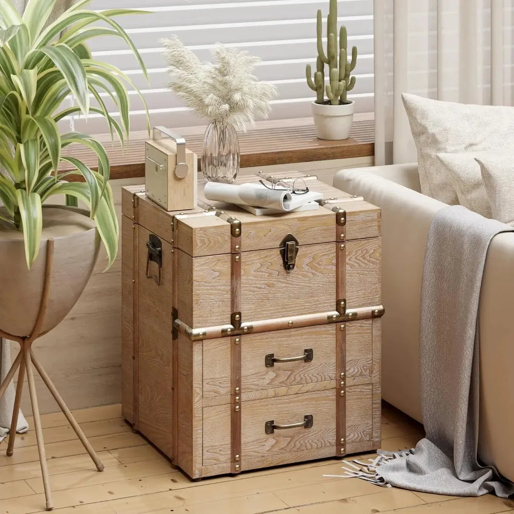MOYU Vintage Storage Chest Buckle Hinged Top Wood End Table