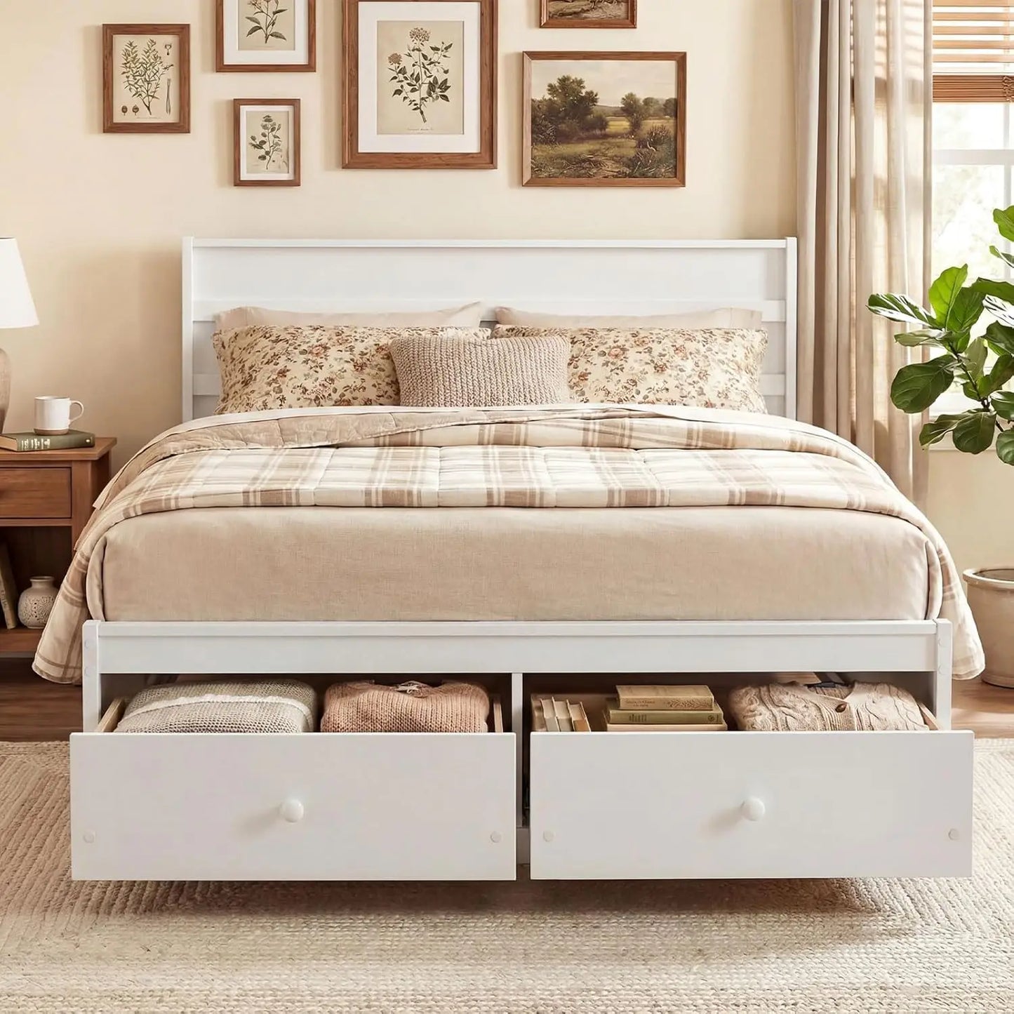 Full Storage Platform Bed Frame with Headboard Wooden Slat Support Enclosed Base No Box Spring Needed White Full, Custom