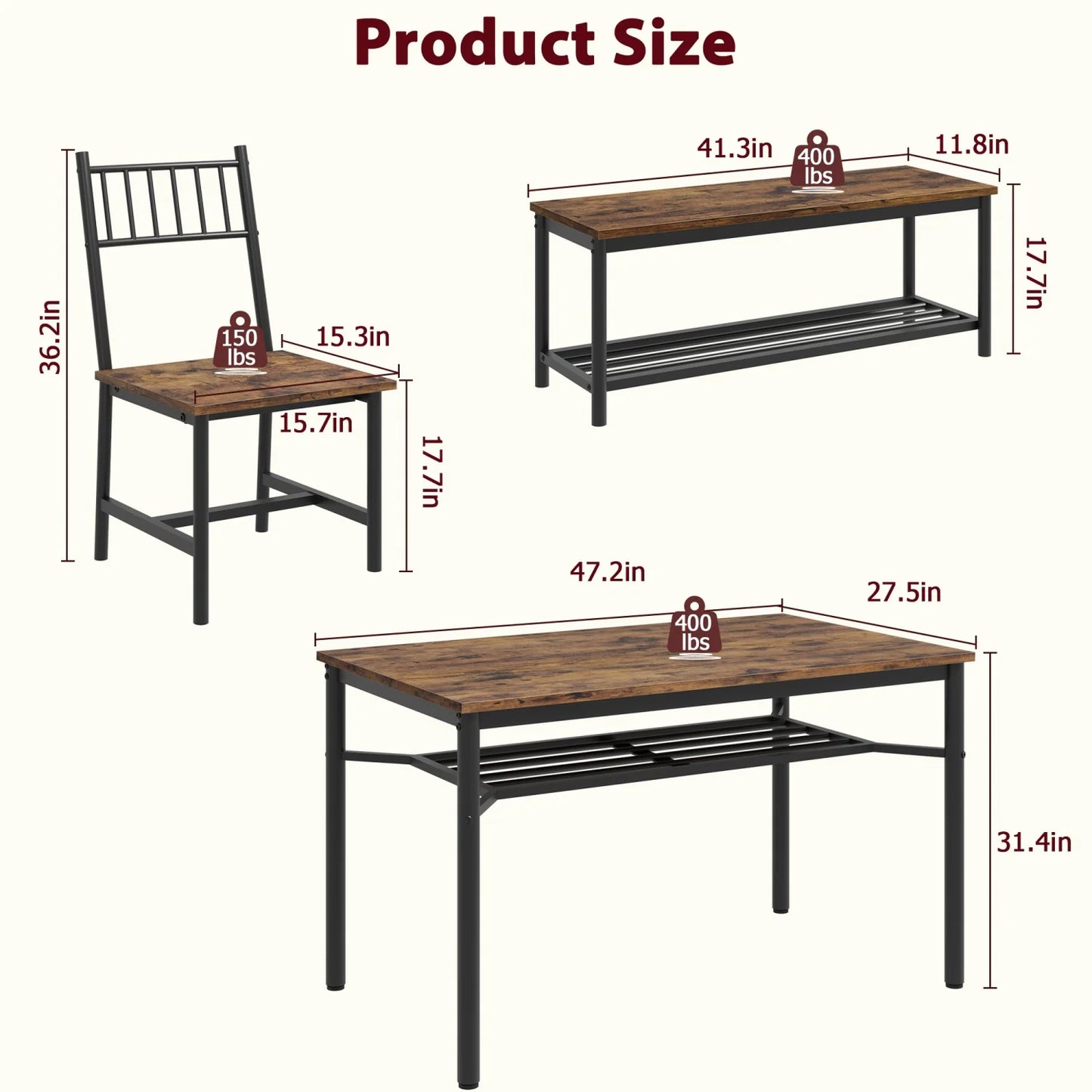 4 Piece Dining Table Set with Chairs and Storage Bench –Kitchen Table with Wine Rack –Metal Frame –Dining Table and Chairs for 4
