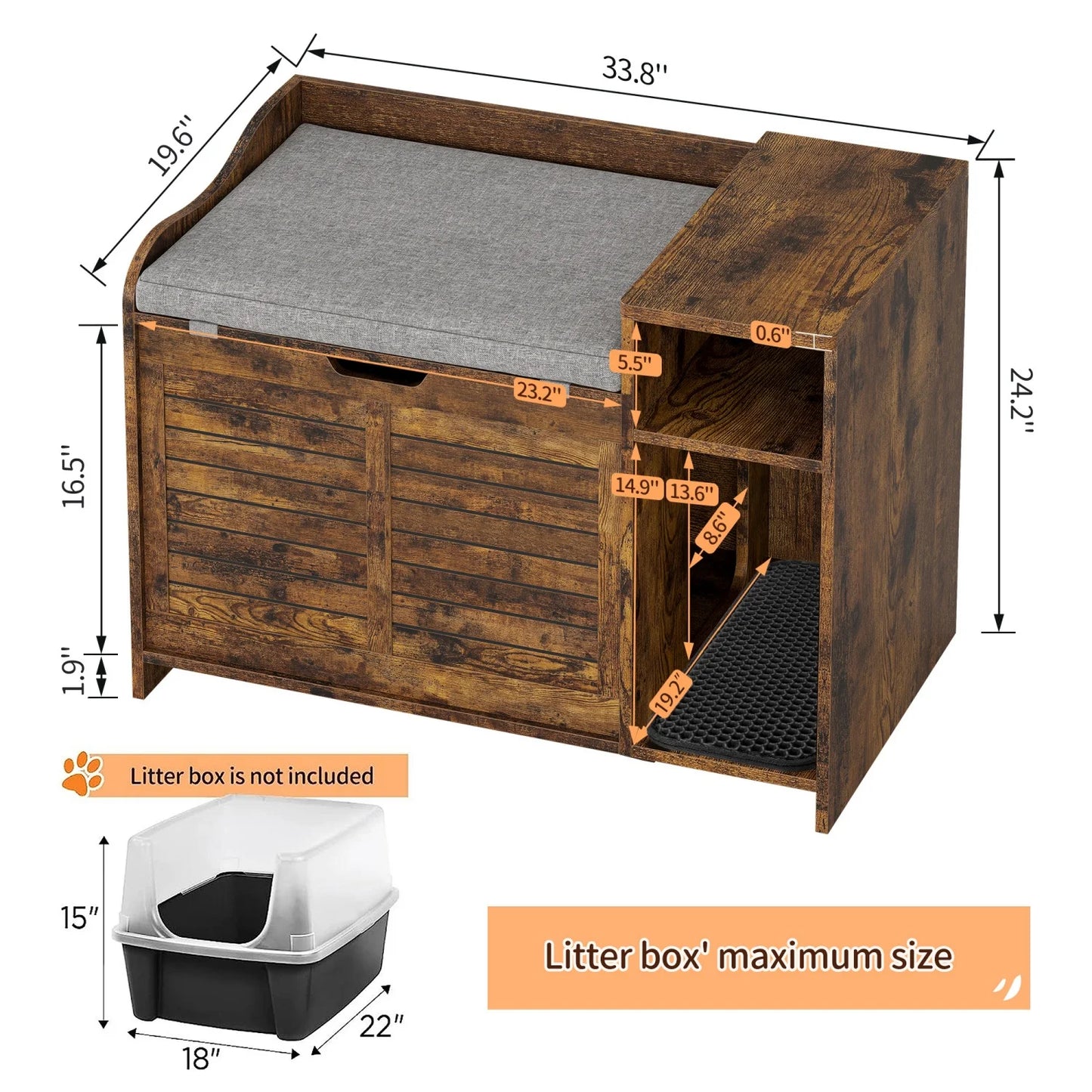 Litter Box Enclosure with Top Opening and Pad, Hidden Litter Box Furniture, Cat Litter Box Cabinet with Scratch Pad