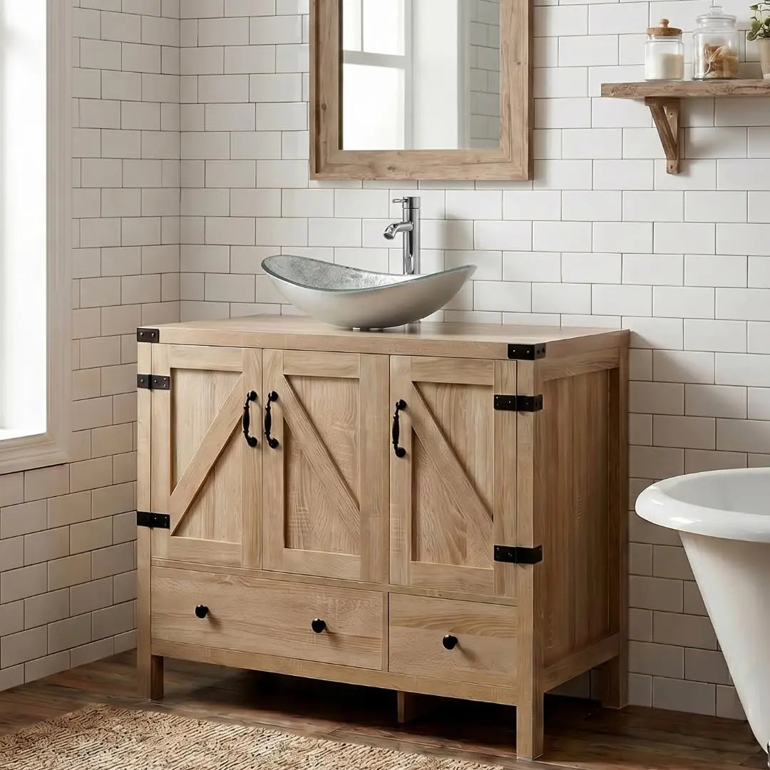 36" Natural Color Bathroom Vanity, Rustic Fixture Standing Pedestal Cabinet with White Ceramic Sink, Custom