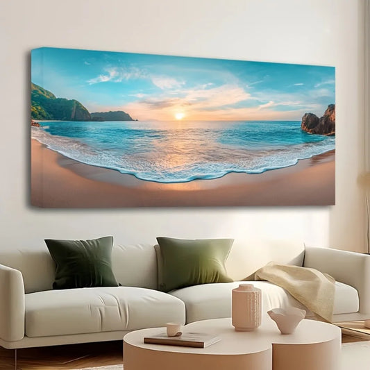 1.5 inch thick pine solid wood frame, canvas printed mural, natural beach sunsets and wave pictures, interior decoration