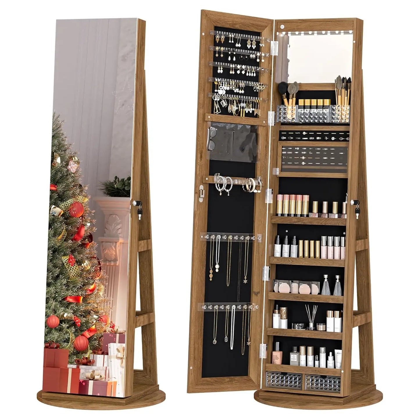 360° Swivel Jewelry Mirror Cabinet, Lockable Standing Jewelry Armoire with Full Length Mirror, Storage Shelves,, Custom