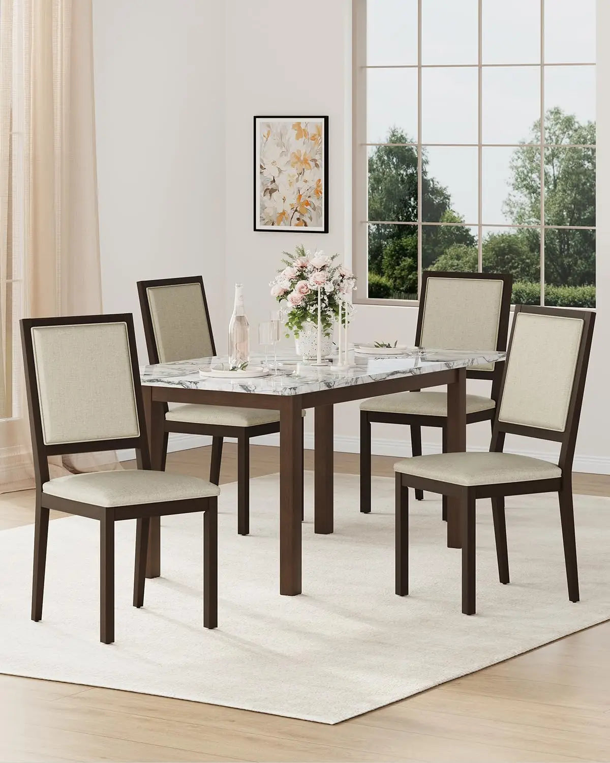 Fabric Upholstered Dining Chairs Set of 4 With Solid Wood