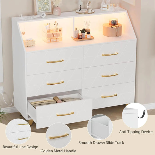 6 Drawers Dresser with LED Light and Power Outlet, Wood Dressers for Bedroom Chests of Drawers for Living Room Entryway Hallway