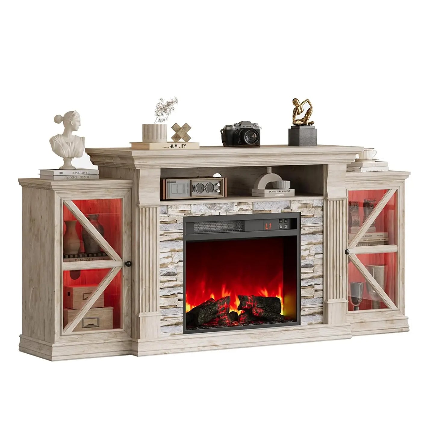 Electric Fireplace TV Stand Farmhouse Entertainment Center With Barn Doors