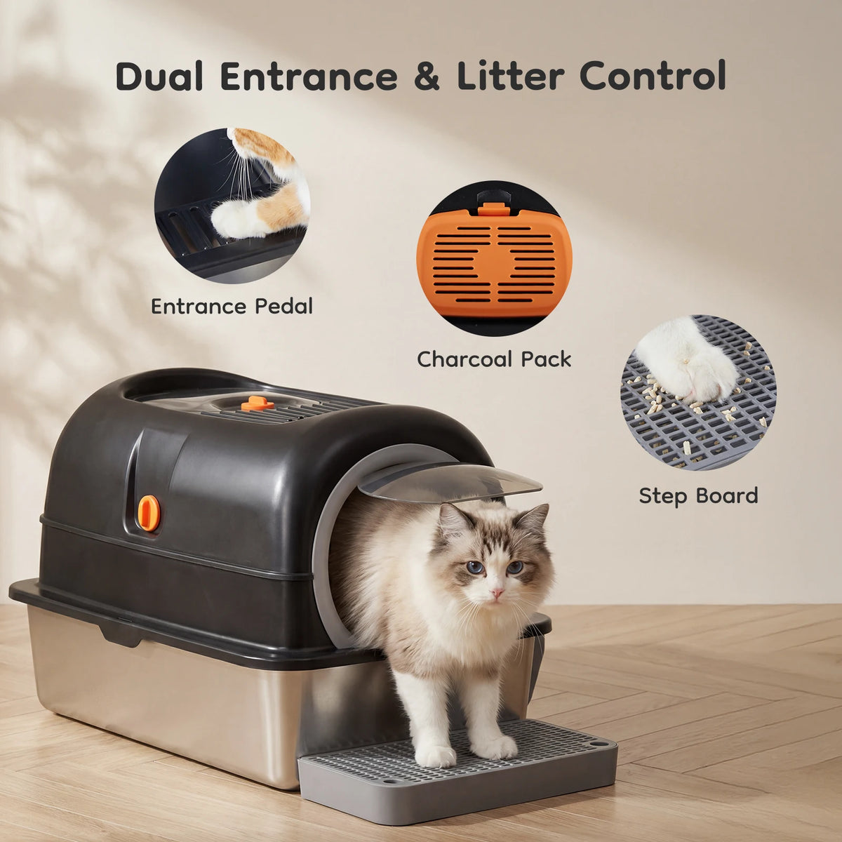 Enclosed Stainless Steel Cat Litter Box with Scoop and Mat