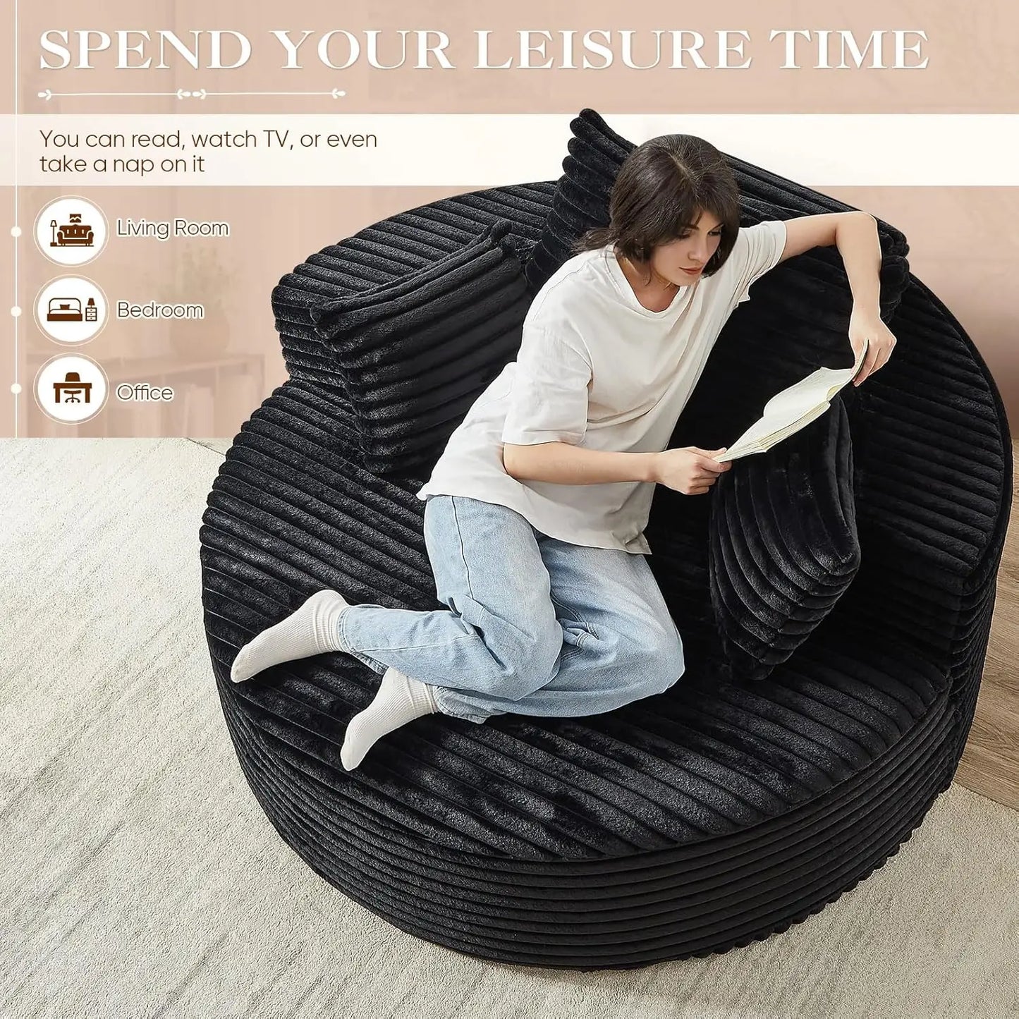 Oversized Round Chaise Longue Chair Indoor, Modern 55-inch Upholstered Corduroy Deep Seat Circle Single Cloud Lounge, Custom