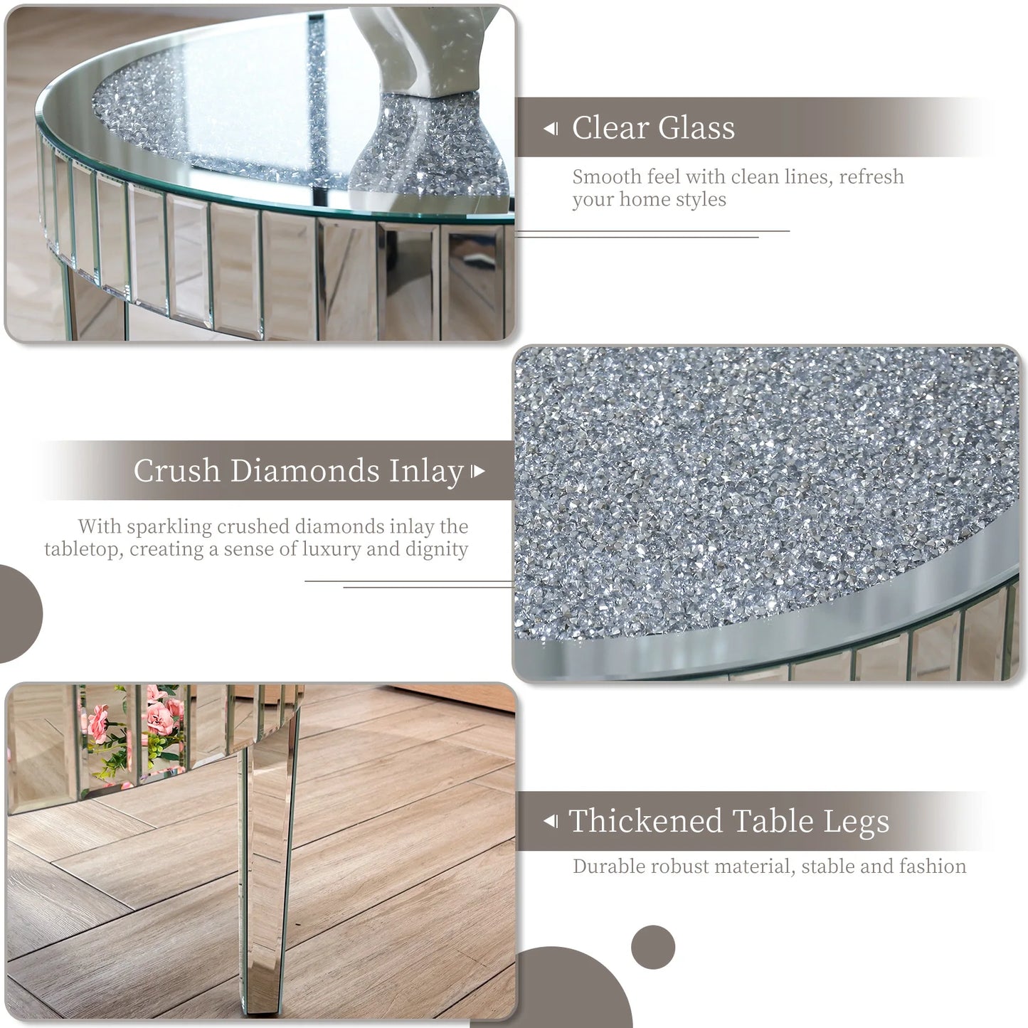 Modern Round Mirrored Coffee Table With Crystal Glass Inlay