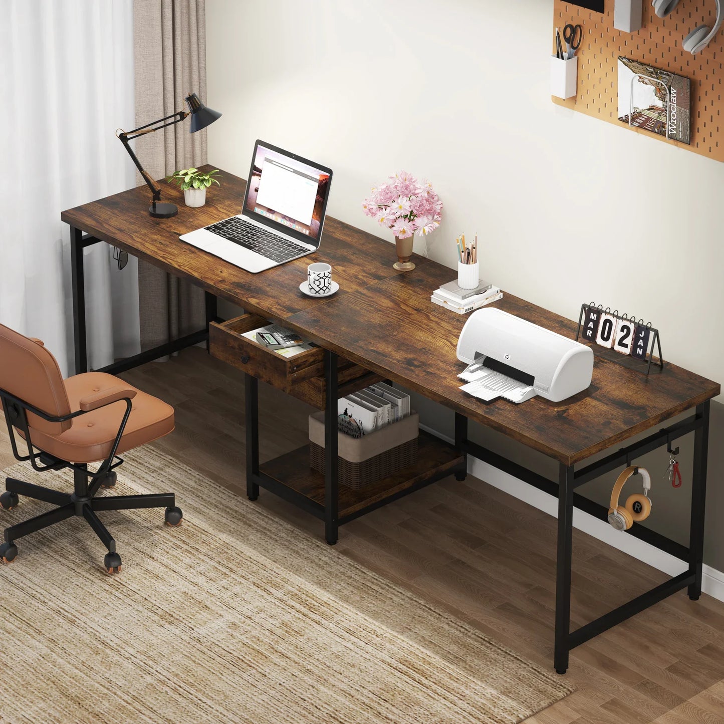 Tribesigns Wooden Double Computer Desk With Drawers And Gaming Shelves