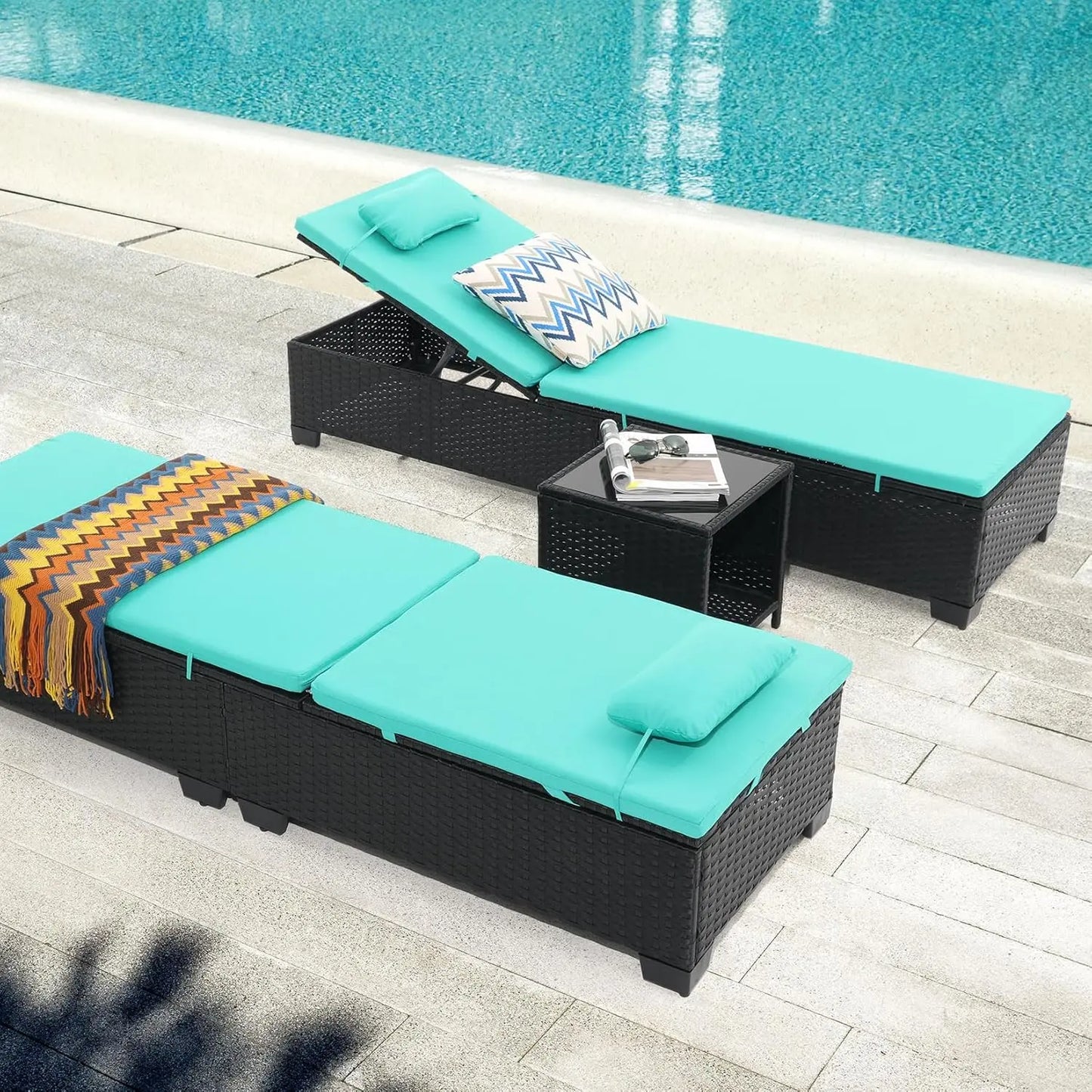 PE Wicker Adjustable Chaise Lounge Set of 3 with Table for Patio Pool Outdoor, Custom