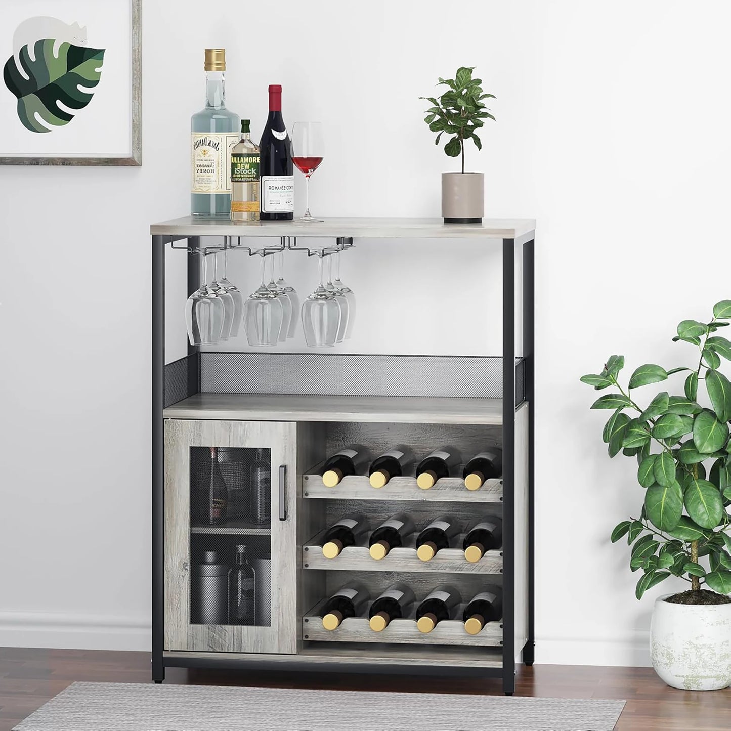HiMISS Vintage 3 Tier Wine Bar Cabinet With Adjustable Shelves Glass Holders