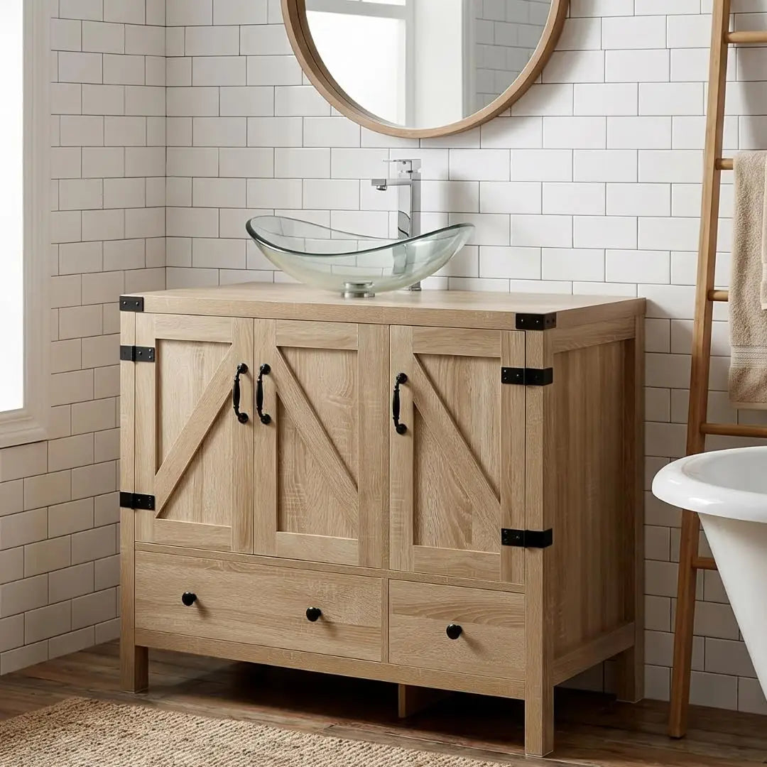 36" Natural Color Bathroom Vanity, Rustic Fixture Standing Pedestal Cabinet with White Ceramic Sink, Custom