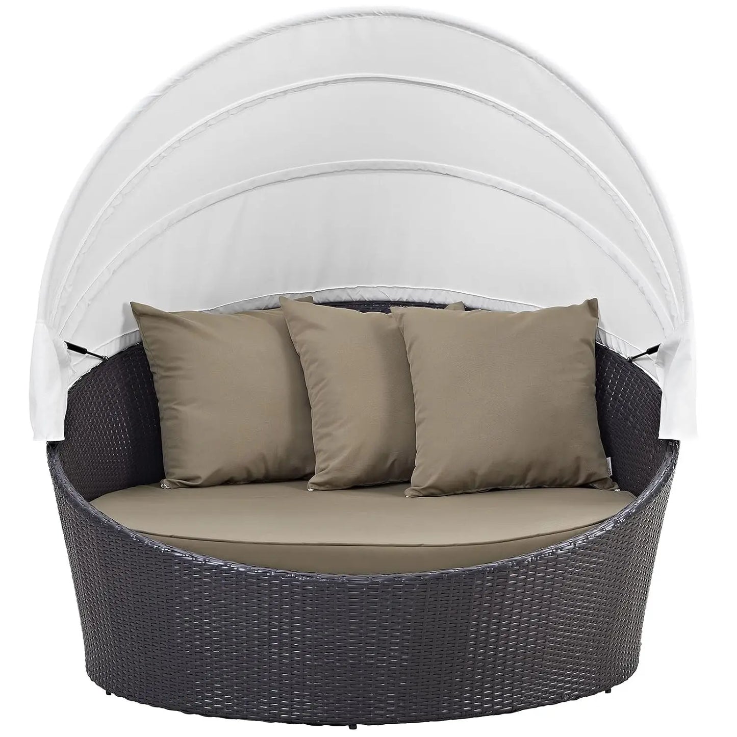 Convene Wicker Rattan Outdoor Patio Retractable Canopy Round Poolside Sofa Daybed in Espresso Mocha, Custom