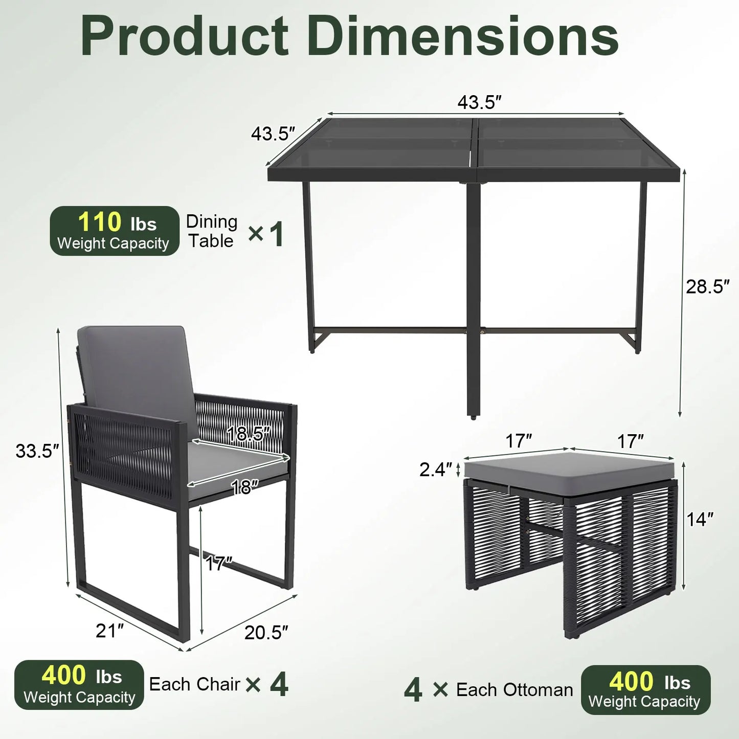 9 PCS Patio Dining Set with PE Rattan Chairs Tempered Glass Table and Ottomans