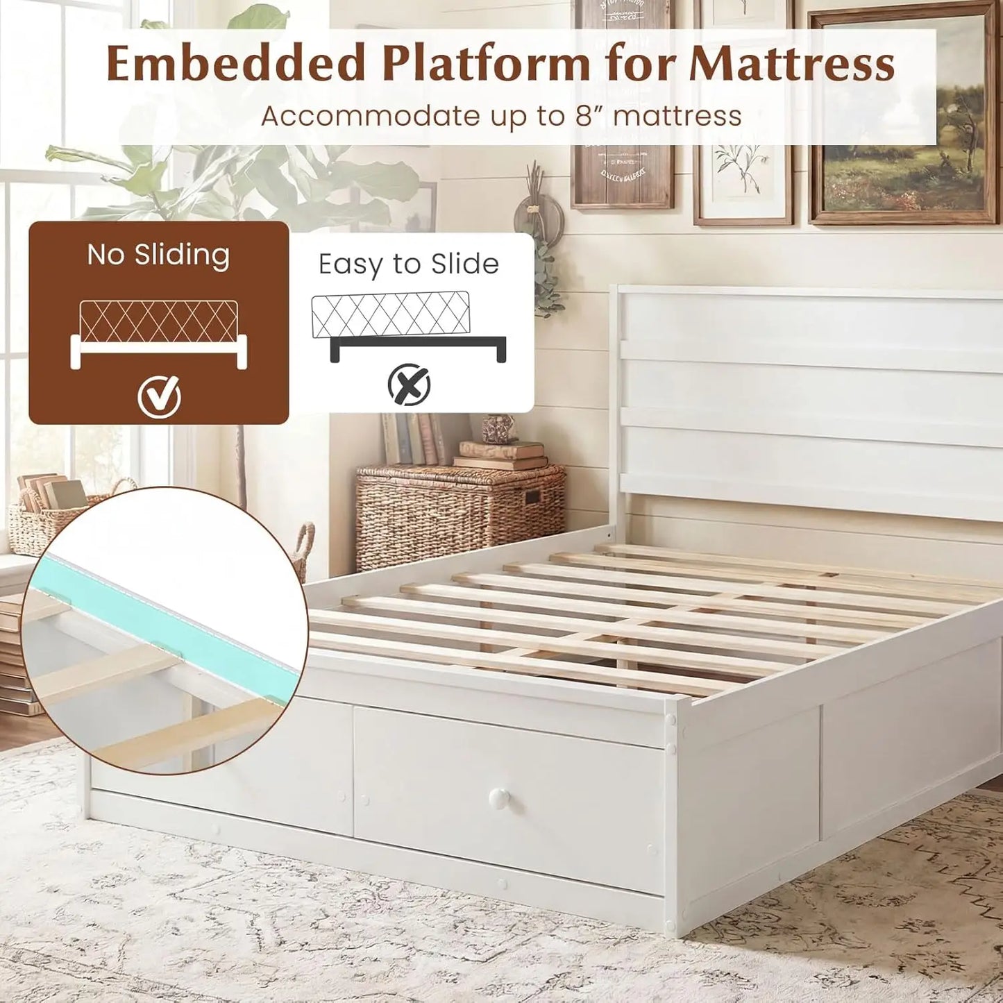 Full Storage Platform Bed Frame with Headboard Wooden Slat Support Enclosed Base No Box Spring Needed White Full, Custom