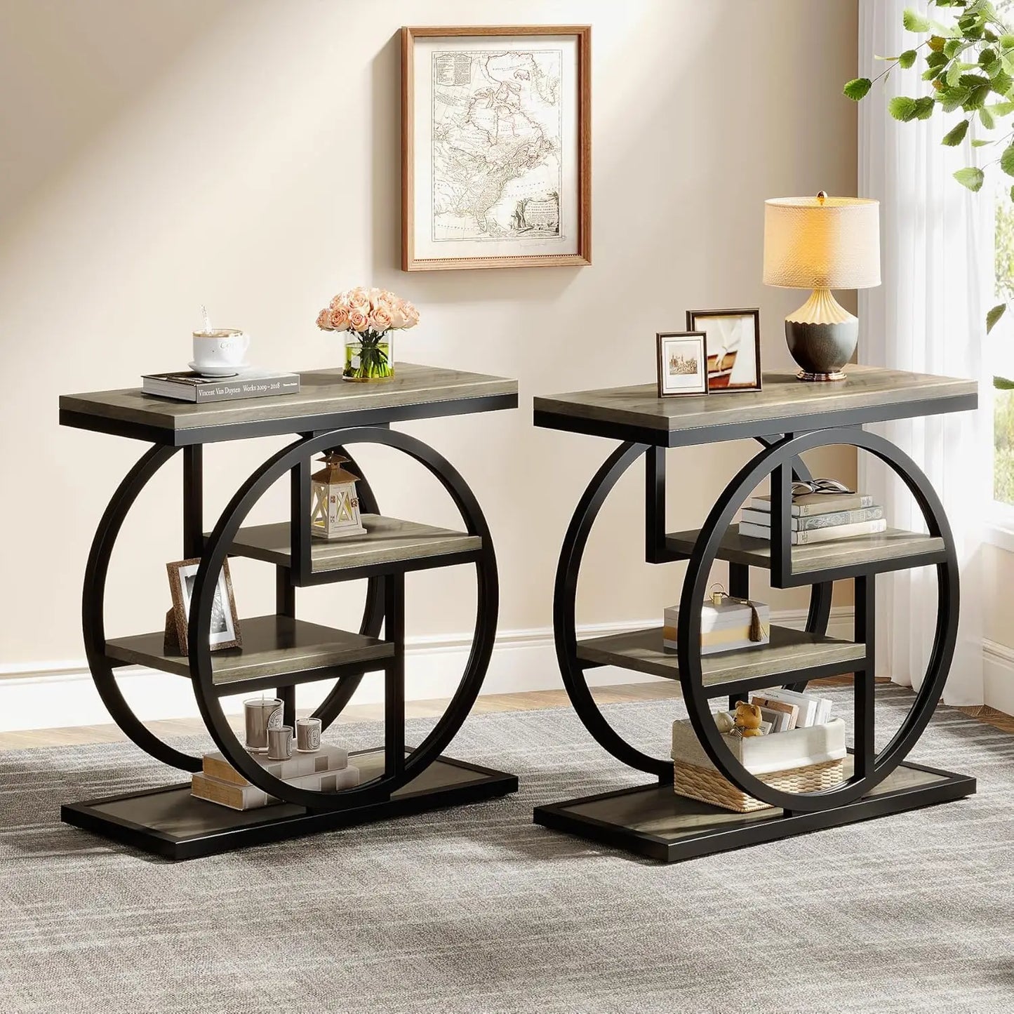 End Table Set of 2, 4-Tier Narrow Side Table with Storage Shelves, Wood Small Sofa Side Table with Geometric Metal, Customized