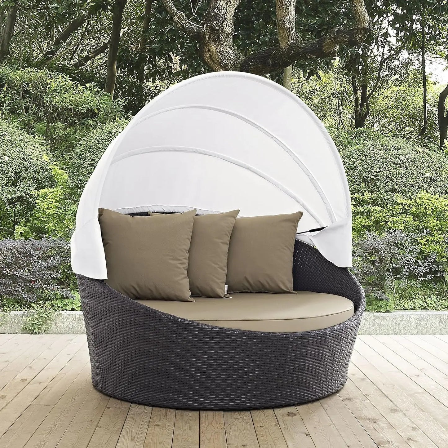 Convene Wicker Rattan Outdoor Patio Retractable Canopy Round Poolside Sofa Daybed in Espresso Mocha, Custom