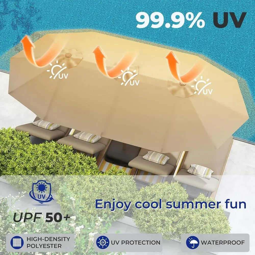 15-T-Large-Patio-Umbrella-with-Base | Double-Sided | Outdoor Table Umbrellas | w/Crank Handle | 12 Sturdy iberglass Rib | UV-Pro