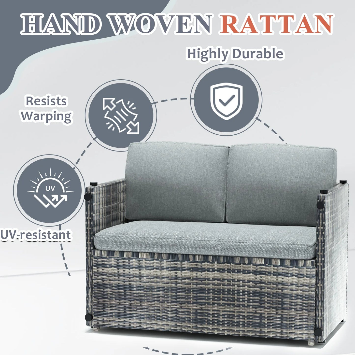4/3 Pieces Convertible Multi-layout PE Rattan Loveseat Patio Furniture with 2 Storage Ottomans, All Weather Soft Cushioned Outdoor Furniture Sofa Set, Flexible Outdoor Patio Furniture Set for Patio Garden Balcony