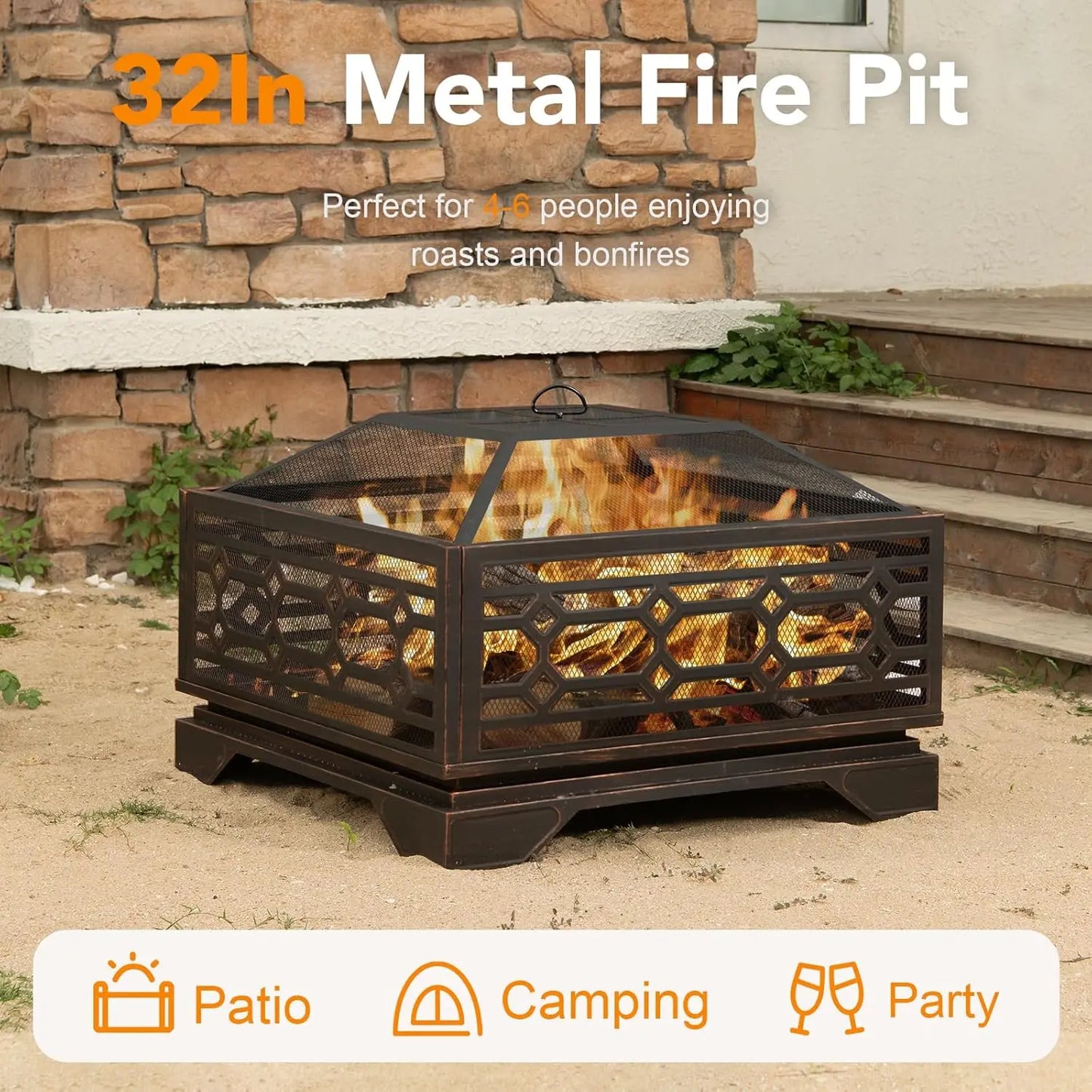 Wood Burning Outdoor Fire Pit Square Metal With Mesh Cover