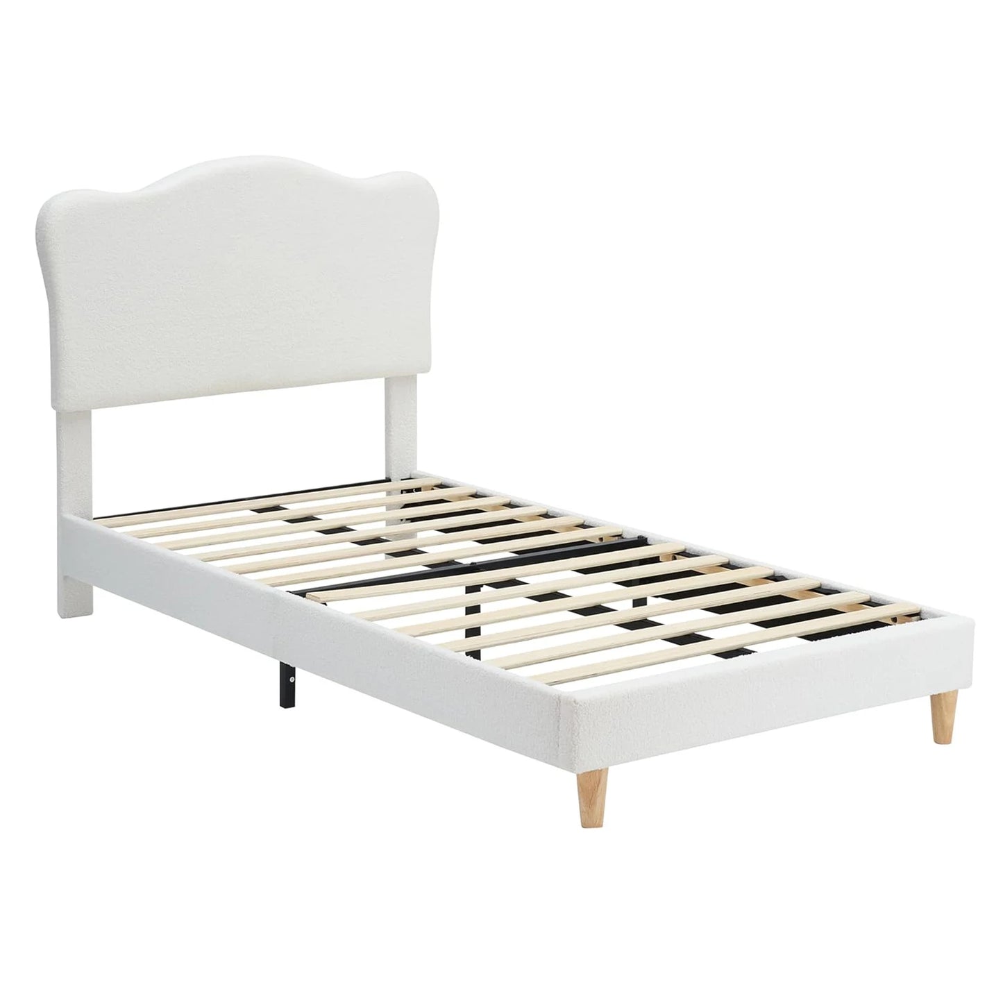 Upholstered Twin Size Bed Frame for Kids with Scallop Headboard, Cute Velvet Twin Bed, Sturdy Platform Bed, No Box Spring Needed