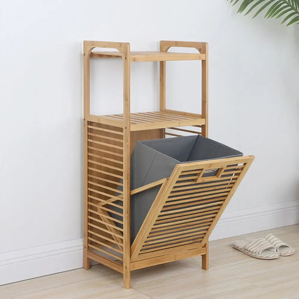 Tilt-Out Bamboo Laundry Hamper Cabinet With 2-Tier Shelf