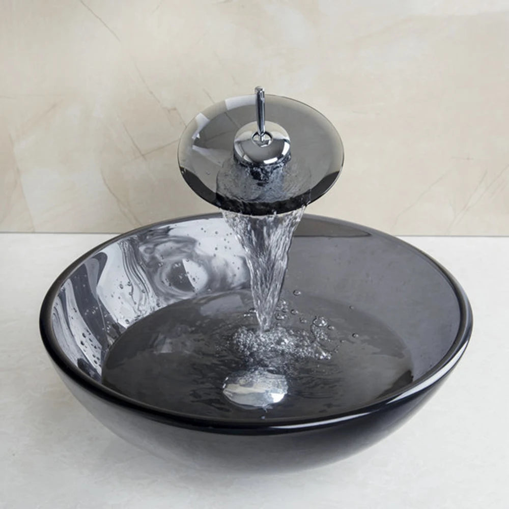 Mekkhala Tempered Glass Vessel Sink With Waterfall Faucet