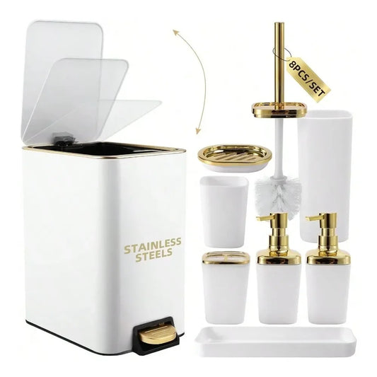 Eight Piece Plastic Bathroom Accessories Set For Home Use