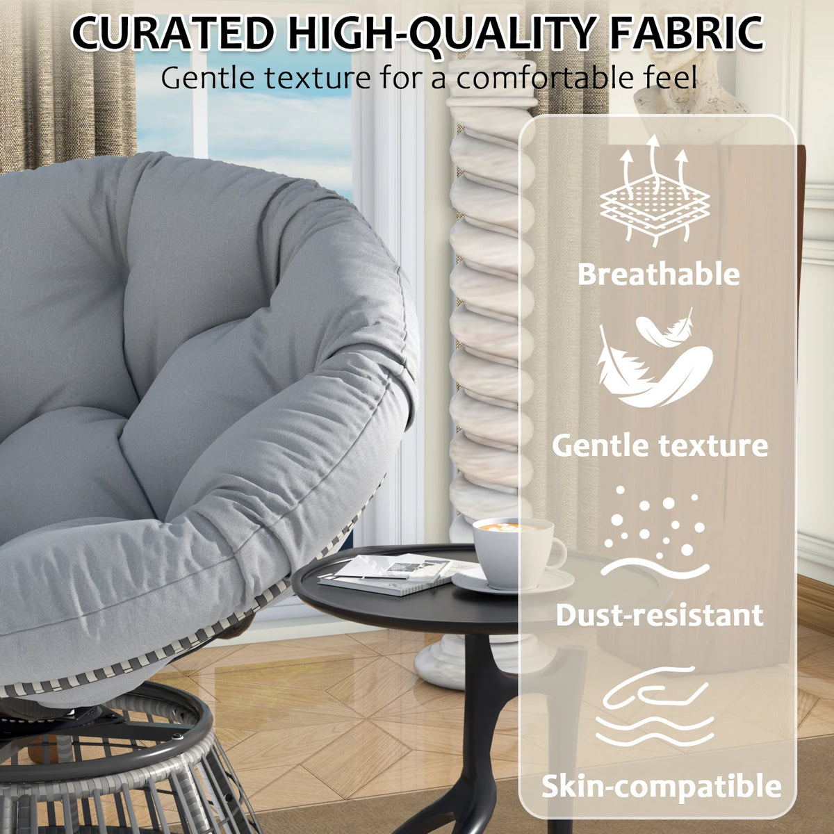 Swivel Papasan Chair, Outdoor Wicker Patio Lounge Chair with Thick Cushion, All-Weather Rattan Accent Chair for Backyard Porch Garden