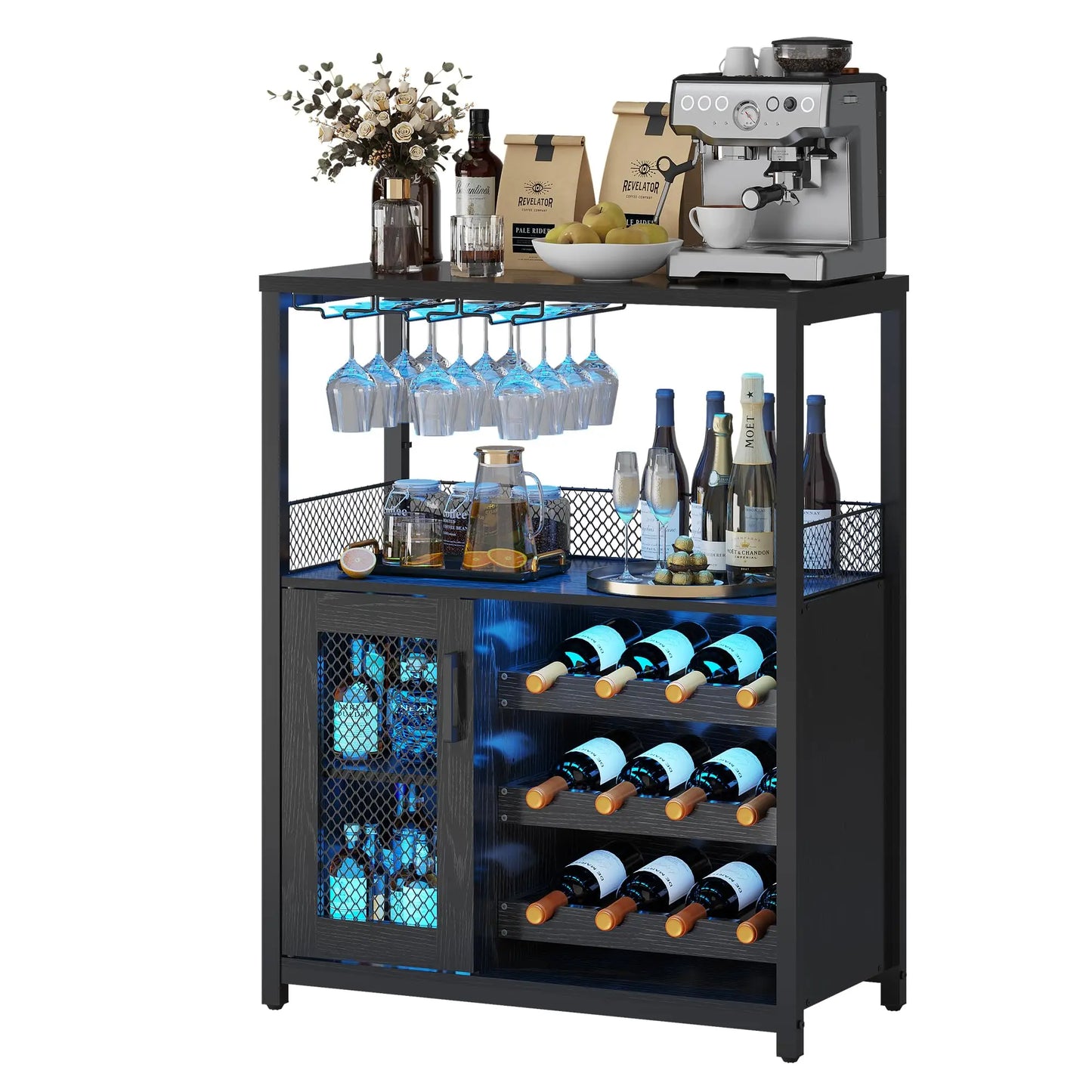 HiMISS Vintage 3 Tier Wine Bar Cabinet With Adjustable Shelves Glass Holders