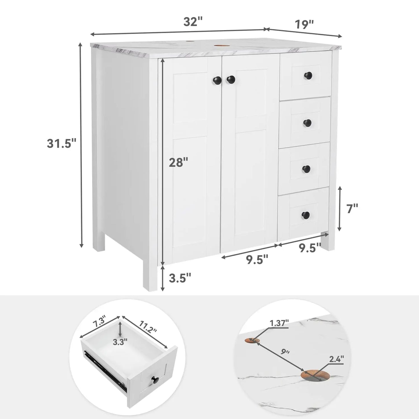 32 Inches White Bathroom Vanity with Marble Texture Top and 4 Drawers, with Marble Boat Ceramic Sink, Custom