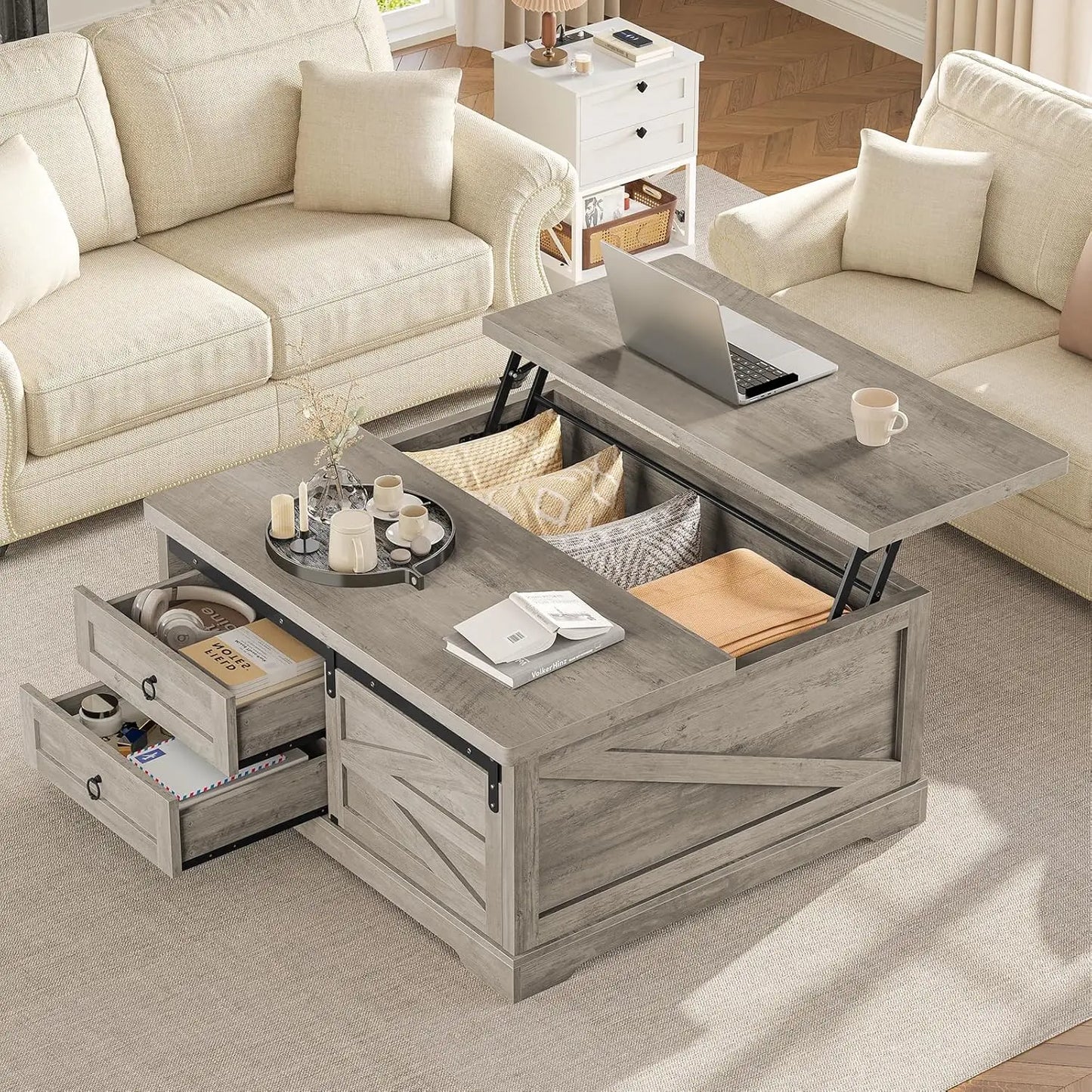 39.4in Lift Top Coffee Table Hidden Compartment 2 Drawers Adjustable Shelf Living Room , Custom