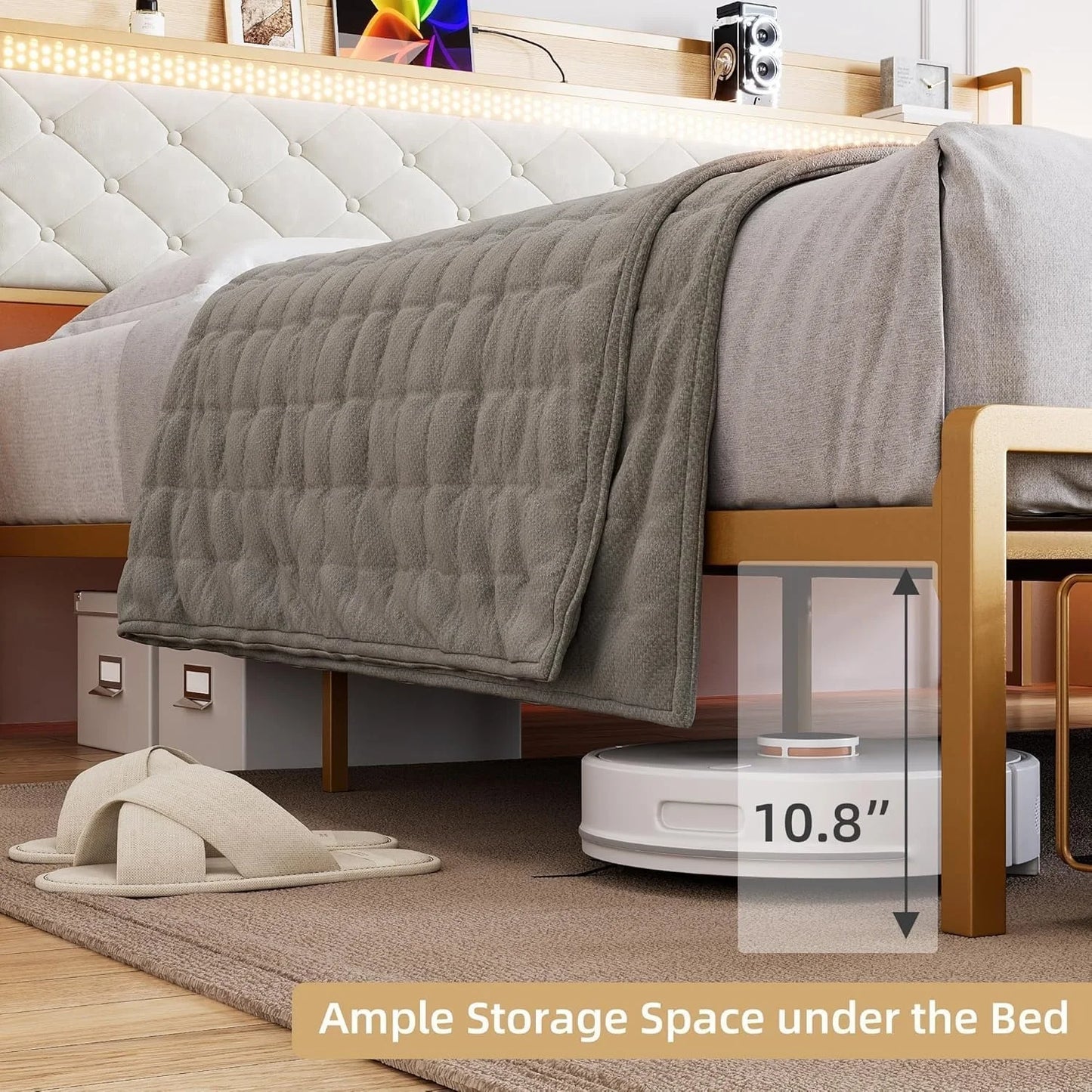 Bed Frame with Headboard,Modern Linen Upholstered Bed Frame with Strorage Drawers,Charging Station,Led Light, Metal Slat Support