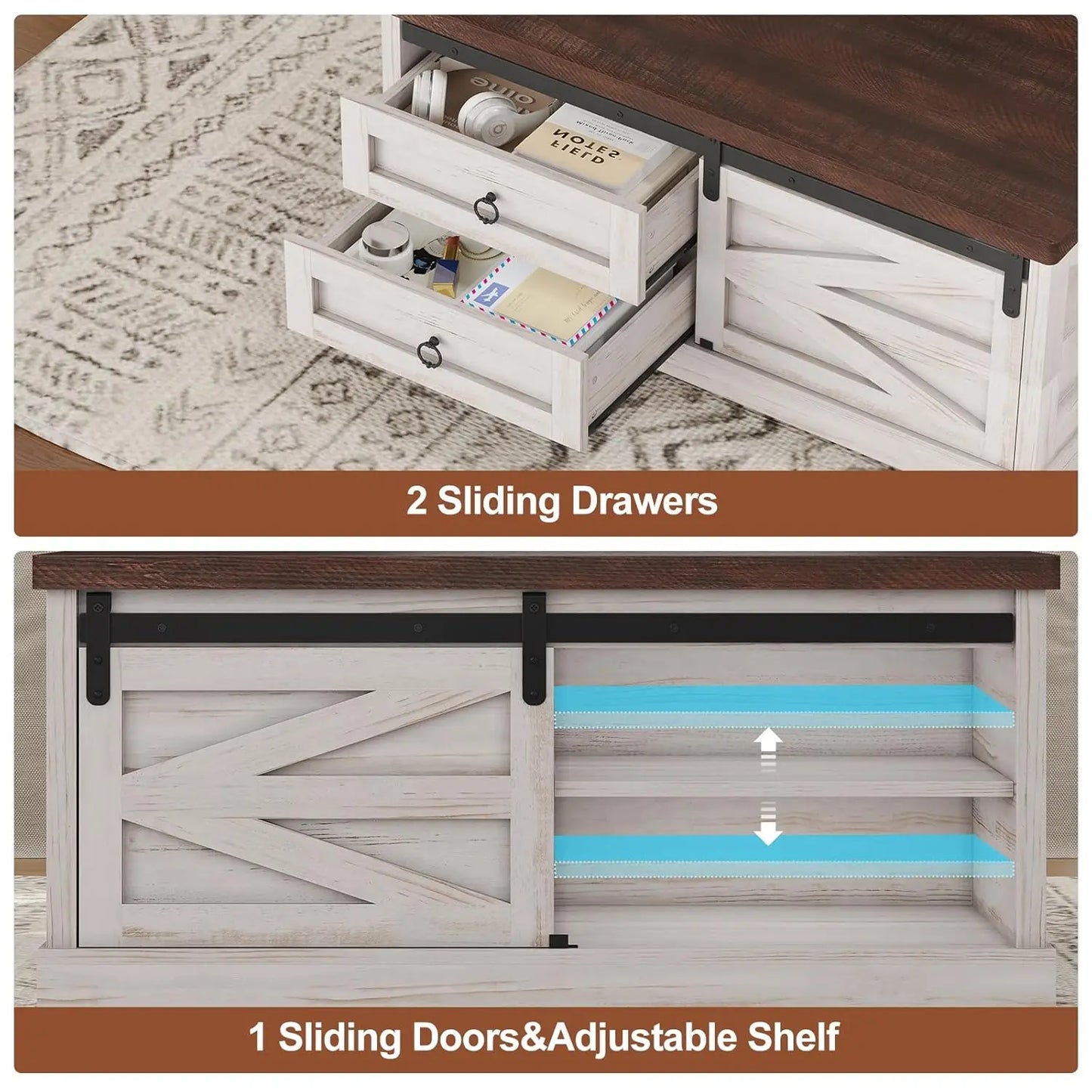 39.4in Lift Top Coffee Table Hidden Compartment 2 Drawers Adjustable Shelf Living Room , Custom