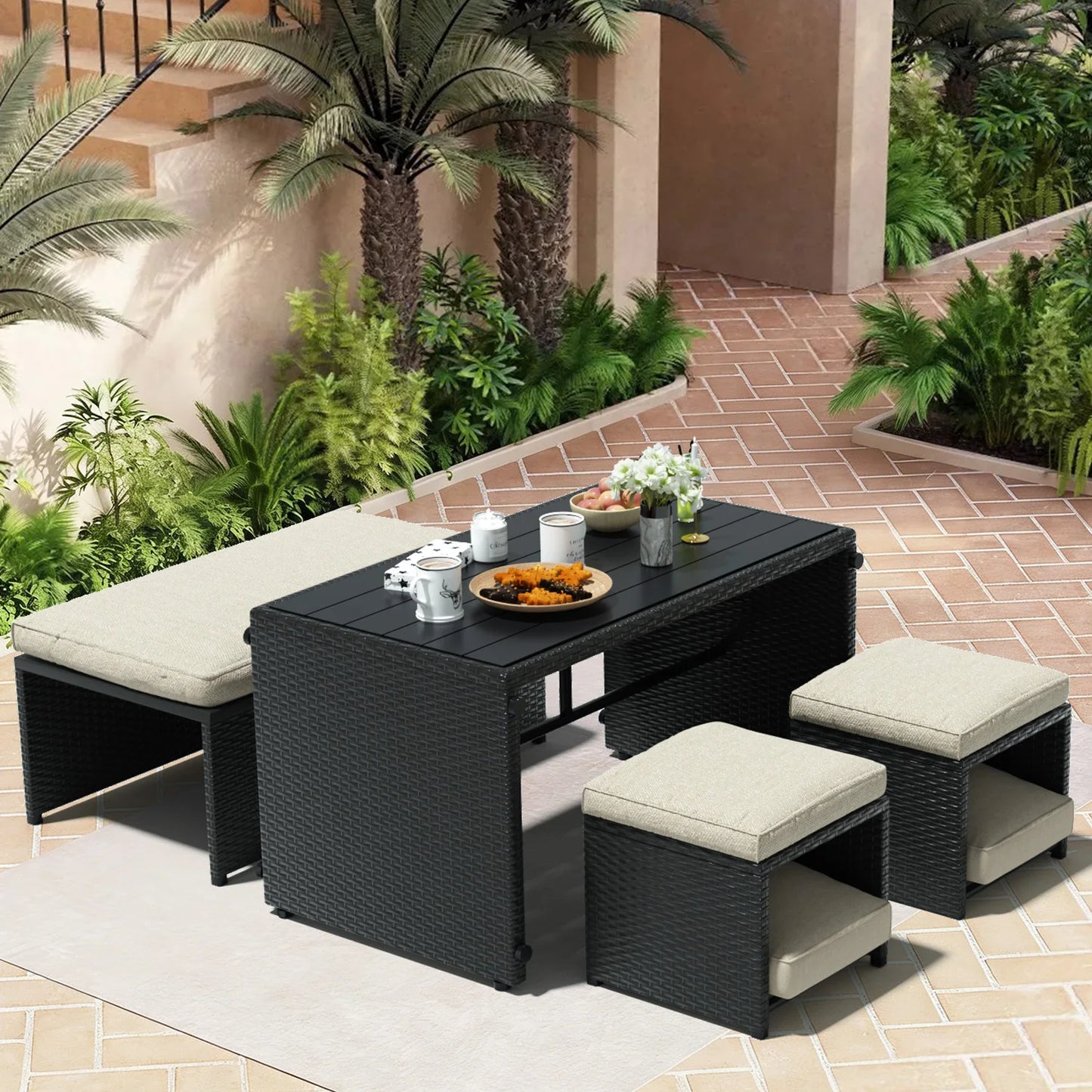 4/3 Pieces Convertible Multi-layout PE Rattan Loveseat Patio Furniture with 2 Storage Ottomans, All Weather Soft Cushioned Outdoor Furniture Sofa Set, Flexible Outdoor Patio Furniture Set for Patio Garden Balcony
