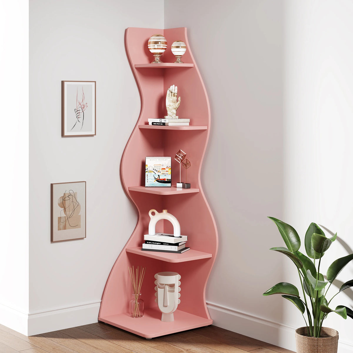 Tribesigns Modern Corner Bookshelf, Five Tier Wall Storage Shelf