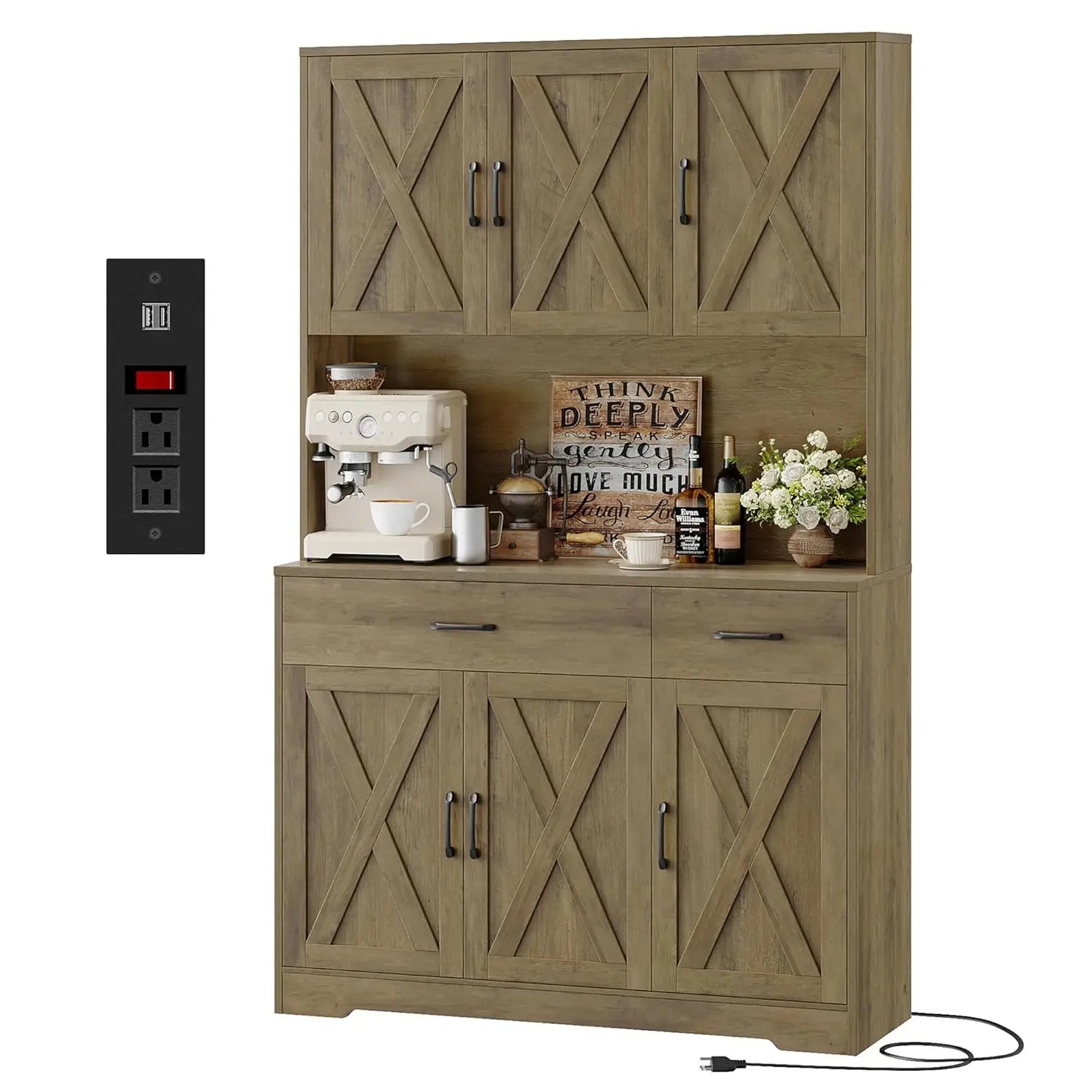 Chengwei Farmhouse Pantry Cabinet With Charging Station And Microwave Stand